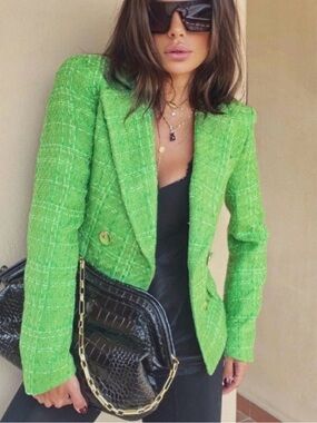 ZARA -BLOGGERS FAVORITE Kate Middleton Green Tweed Double-Breasted Blazer Jacket
